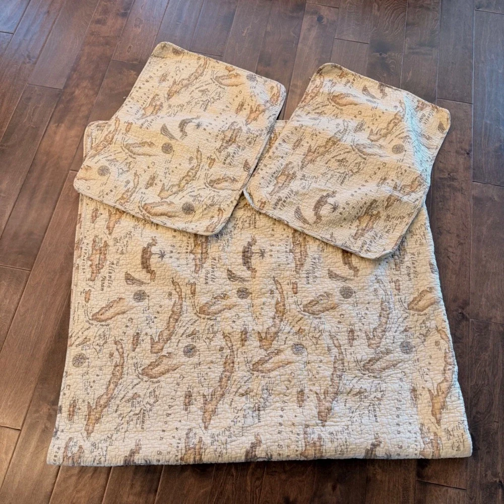 Tommy Bahama Home Caribbean Map Quilt Shams Set Tan Coastal Nautical 3pc Full